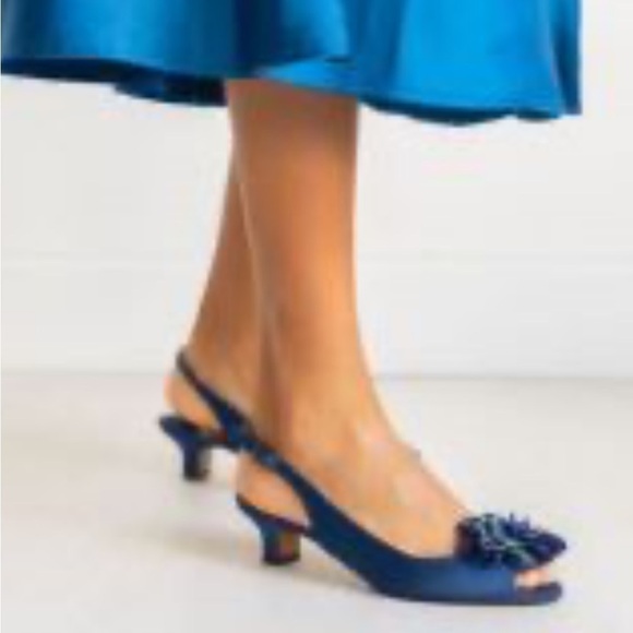 J. Renee Slingback Pump Navy Satin Leonelle Embellished Bow Peep Toe size 8M - Picture 3 of 16